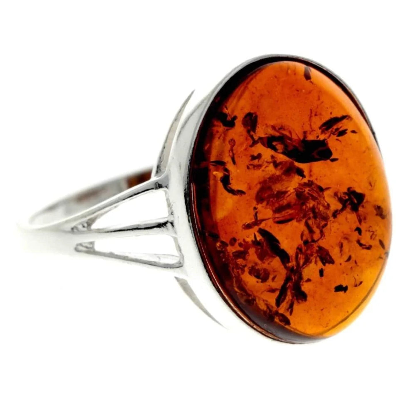 Sterling Silver Ring with Oval Cognac Baltic Amber
