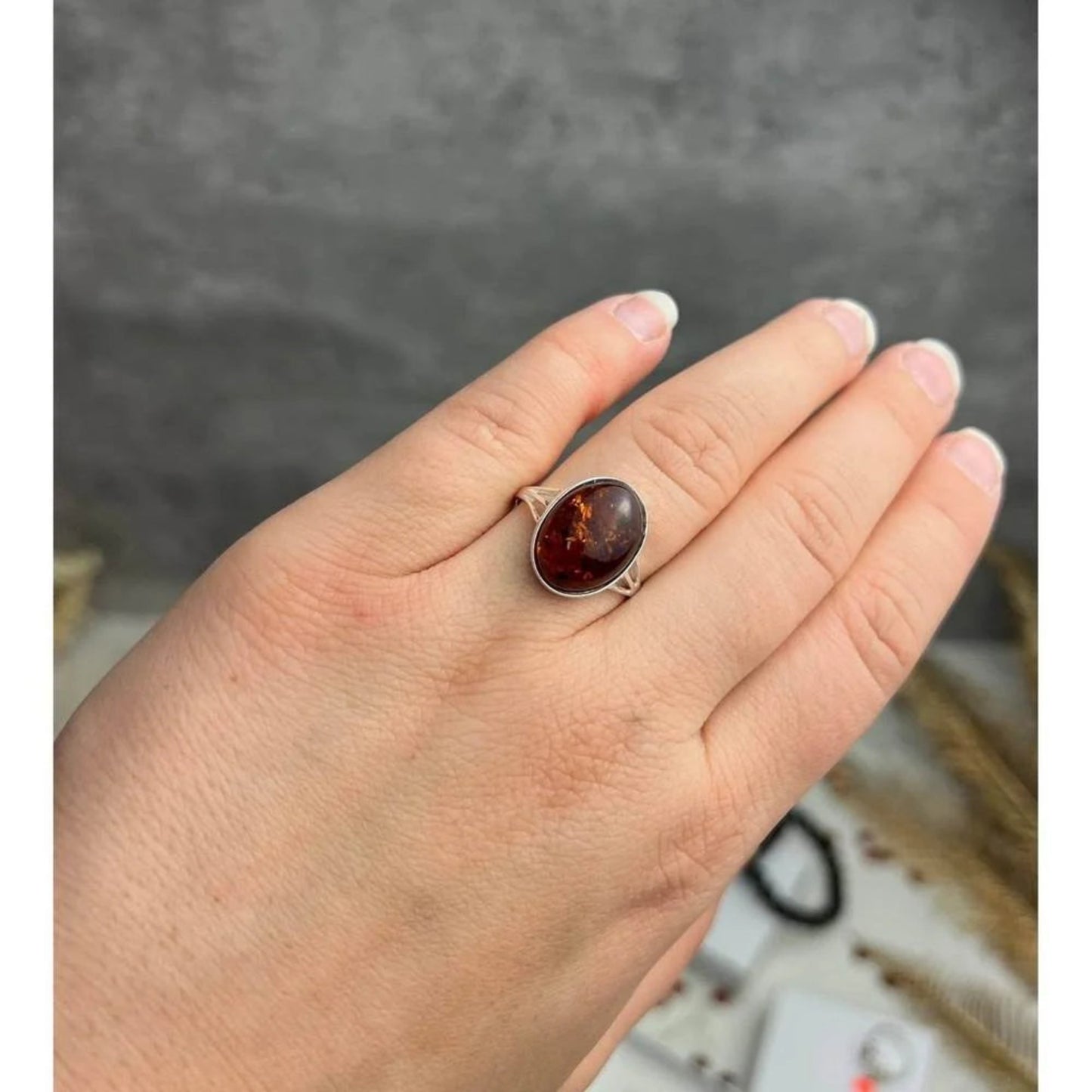 Sterling Silver Ring with Oval Cognac Baltic Amber