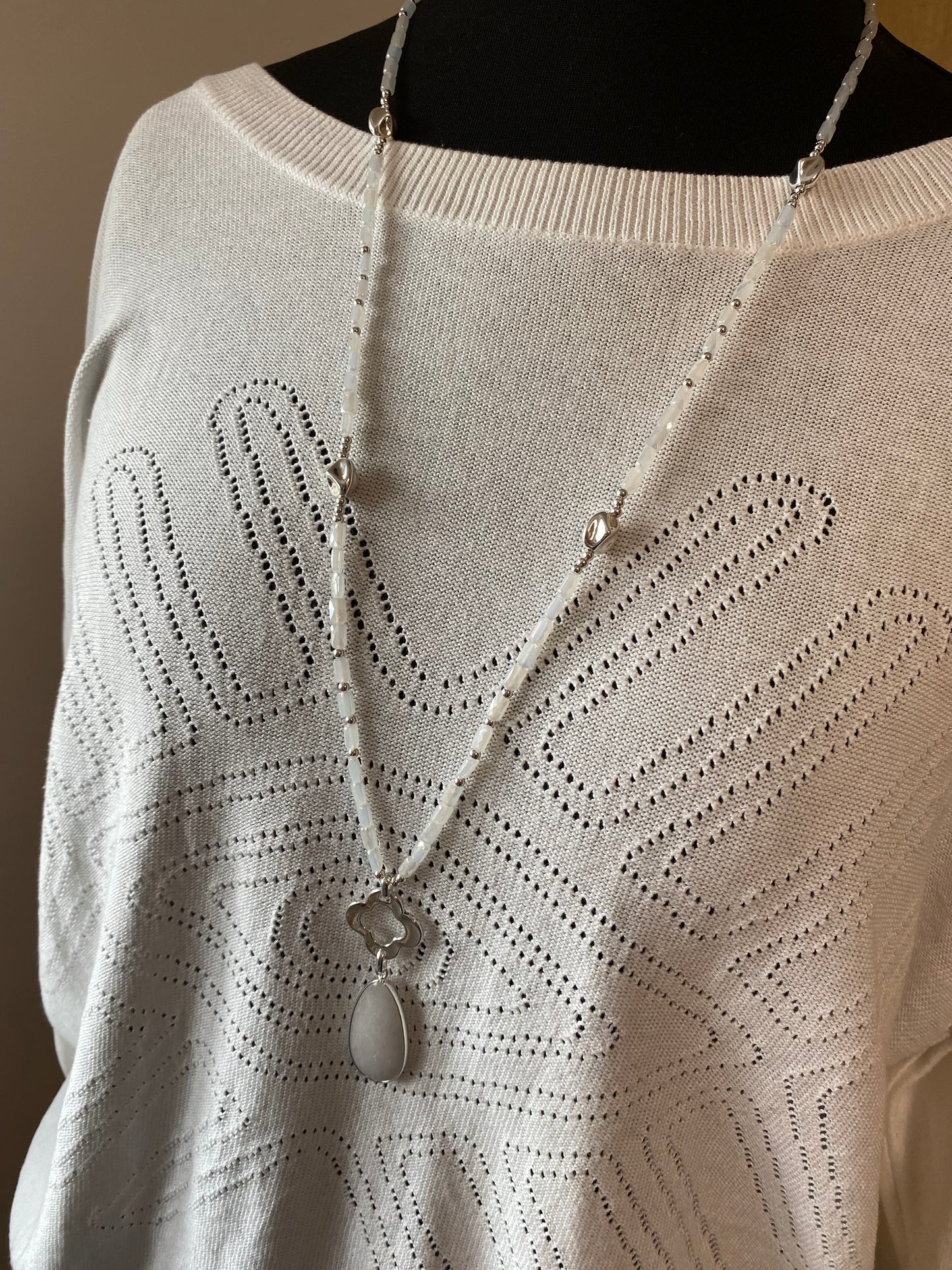 White Quartz Long Necklace in Silver Plating