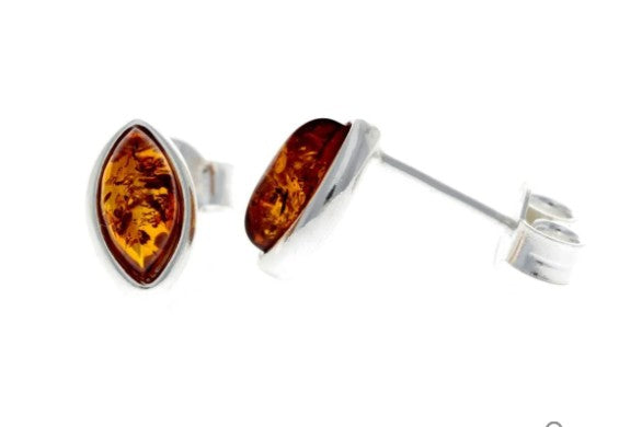 Oval Stud Earrings in Sterling Silver and Cognac Baltic Amber