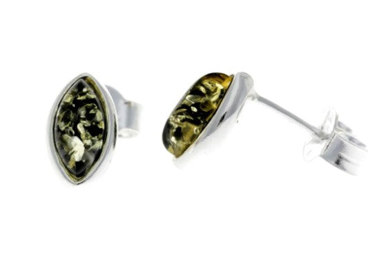 Oval Stud Earrings in Sterling Silver with Green Baltic Amber