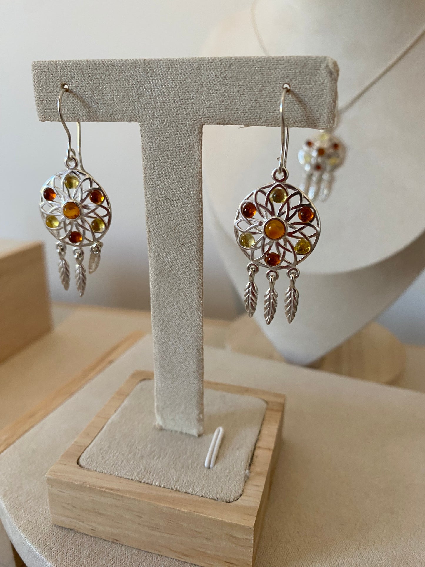 Dream Catcher Drop Earrings in Sterling Silver with Lemon and Cognac Baltic Amber