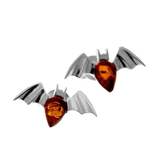 Bat Stud Earrings in Sterling Silver with Cognac Baltic Amber