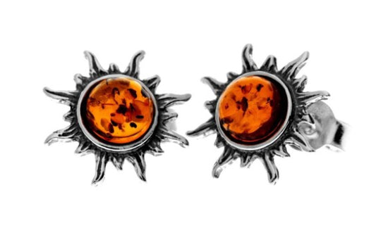 Sun Stud Sterling Silver Earrings with Cognac Baltic Amber