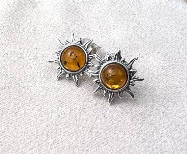 Sun Stud Sterling Silver Earrings with Cognac Baltic Amber
