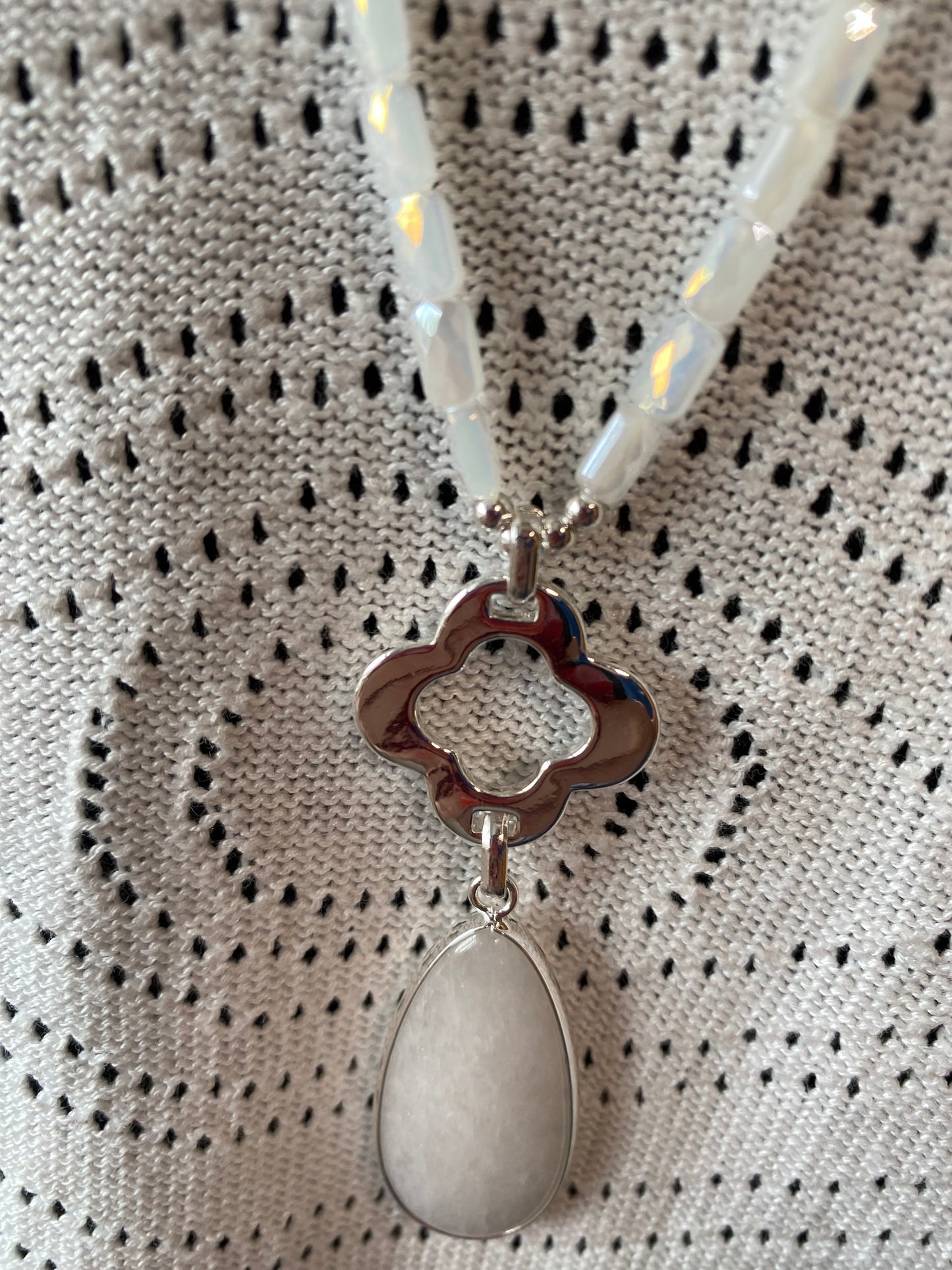 White Quartz Long Necklace in Silver Plating