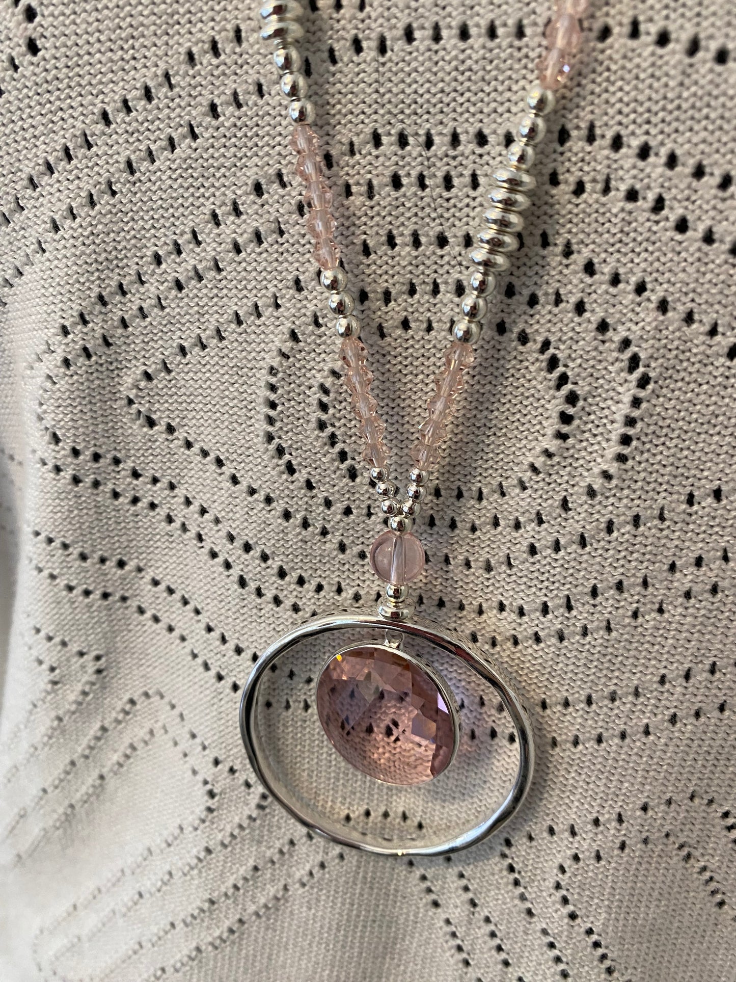 Long Silver Necklace with Pink Charm