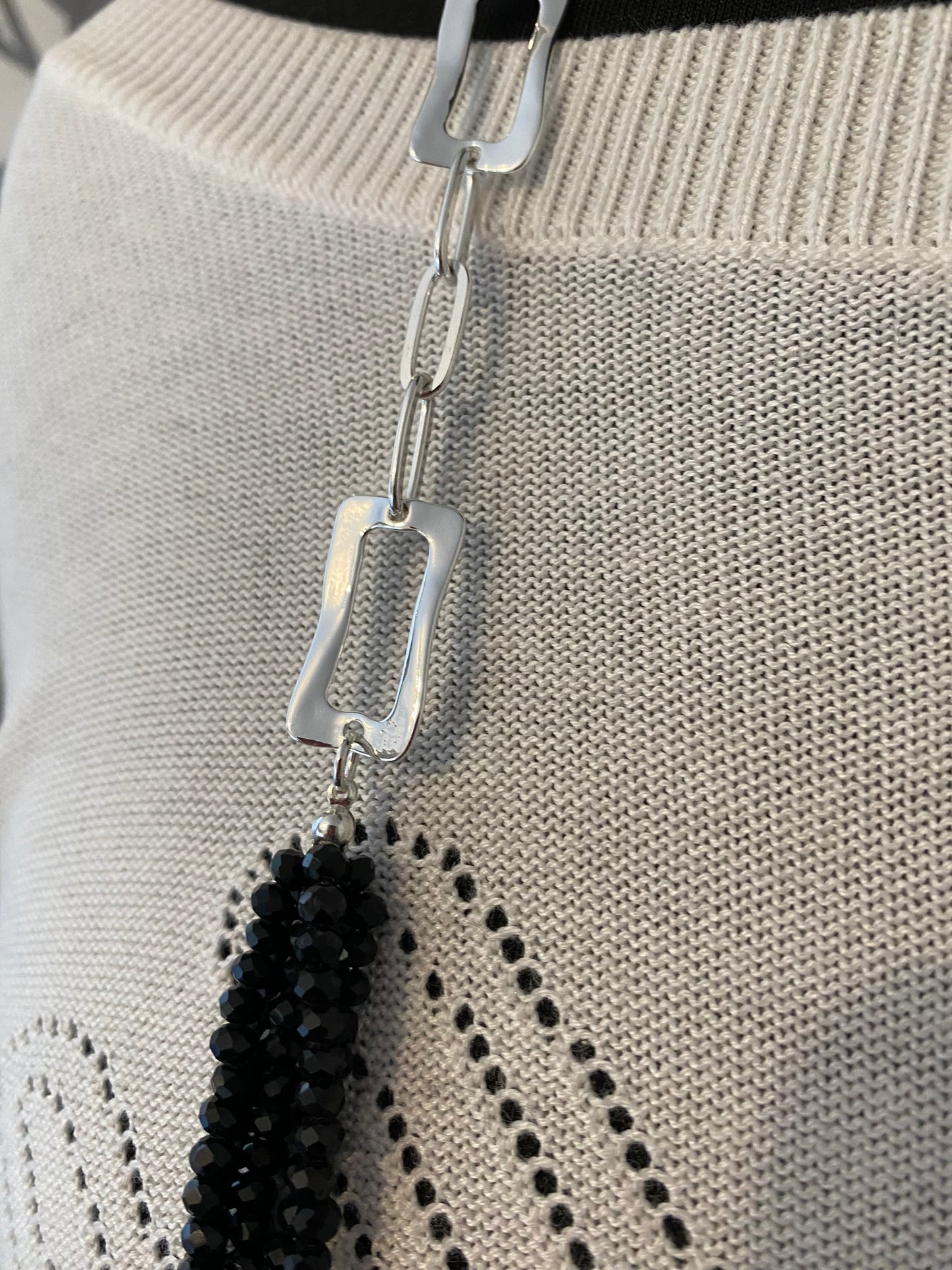 Long Silver Necklace with Black Beading