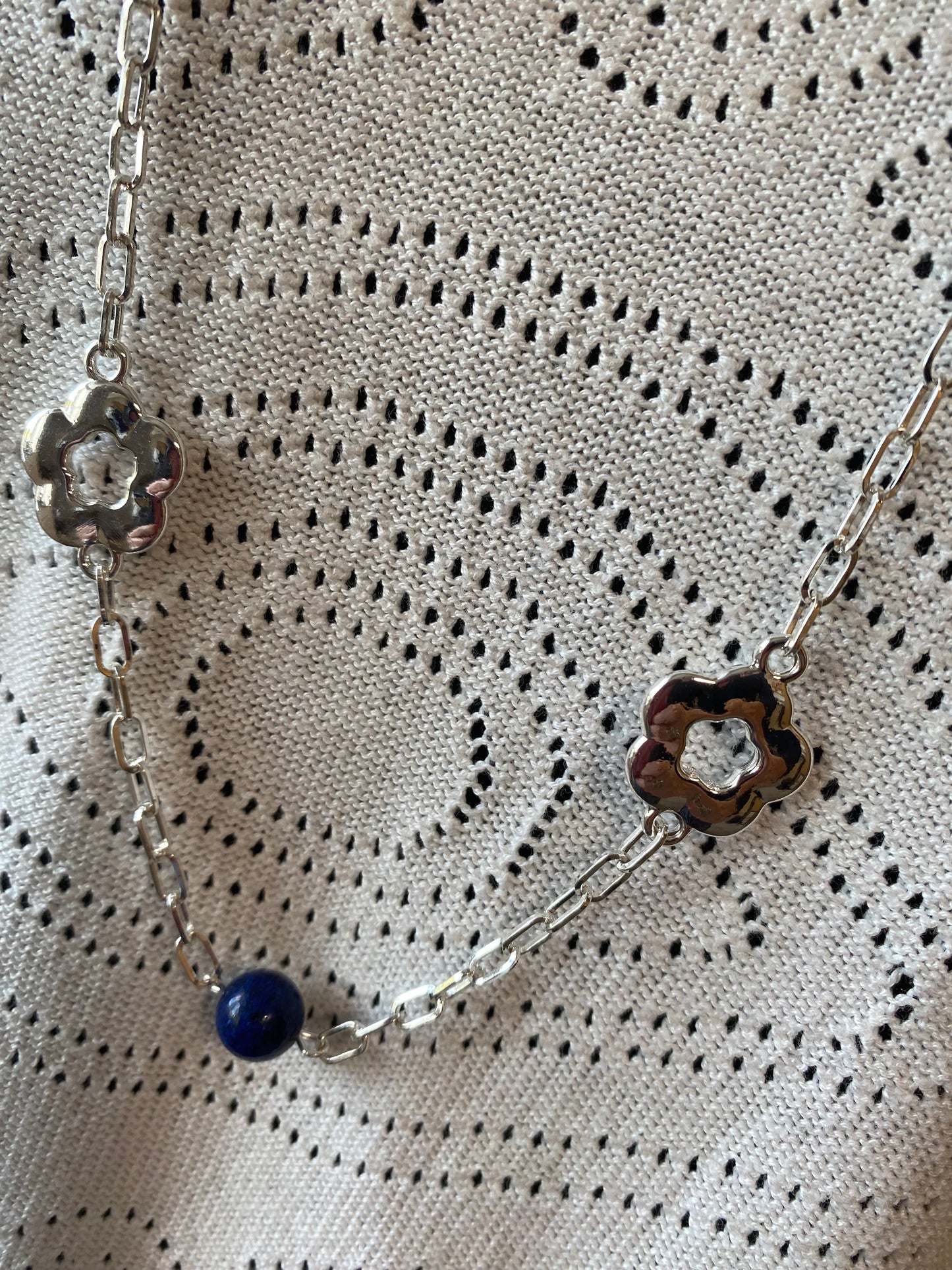 Long Silver Plated Necklace with Flower Motif and Lapis Stones