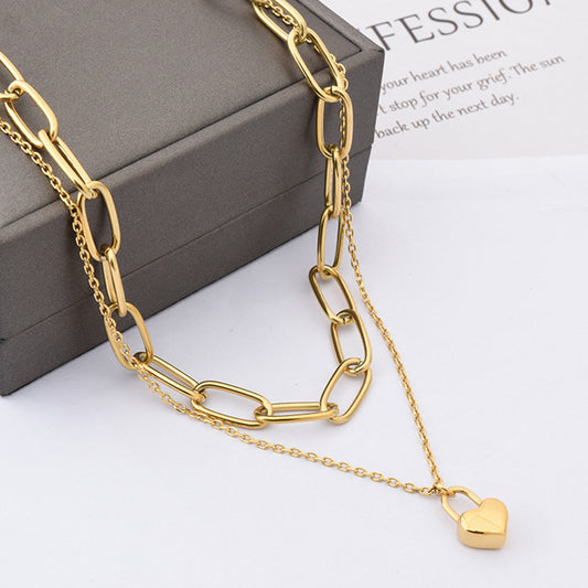 Gold Plated Waterproof Double Chain Necklace with Heart Detail
