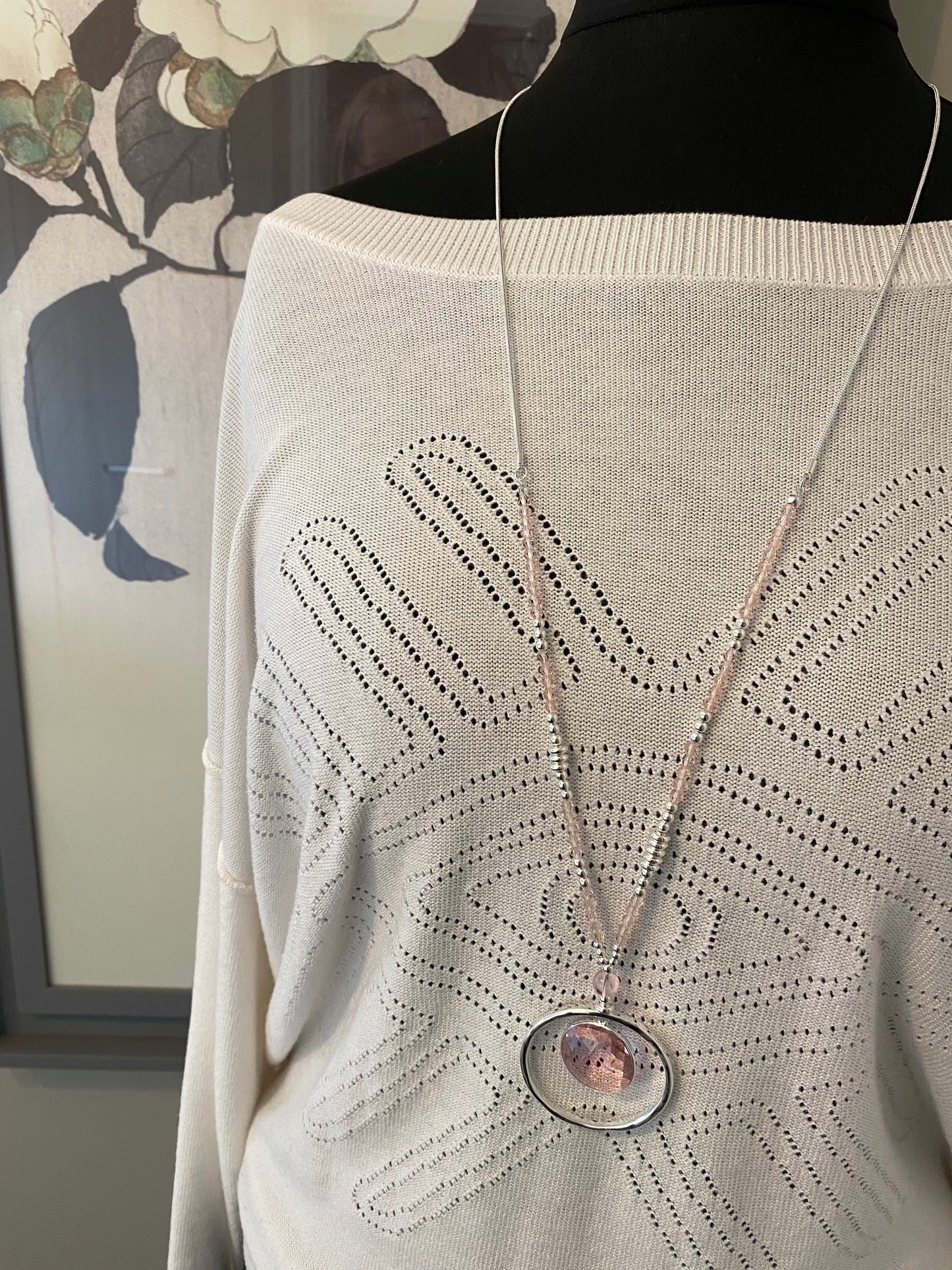 Long Silver Necklace with Pink Charm