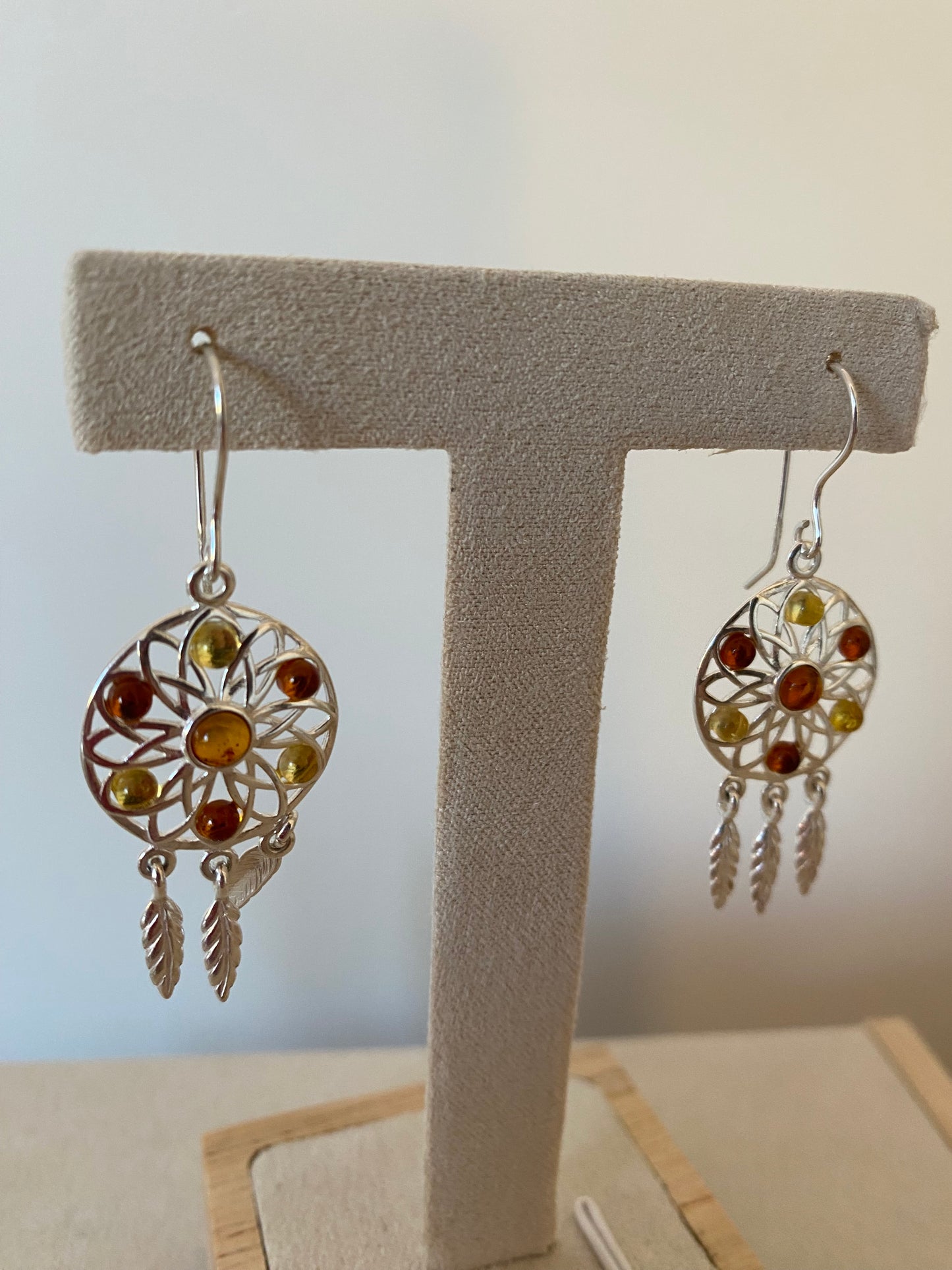 Dream Catcher Drop Earrings in Sterling Silver with Lemon and Cognac Baltic Amber