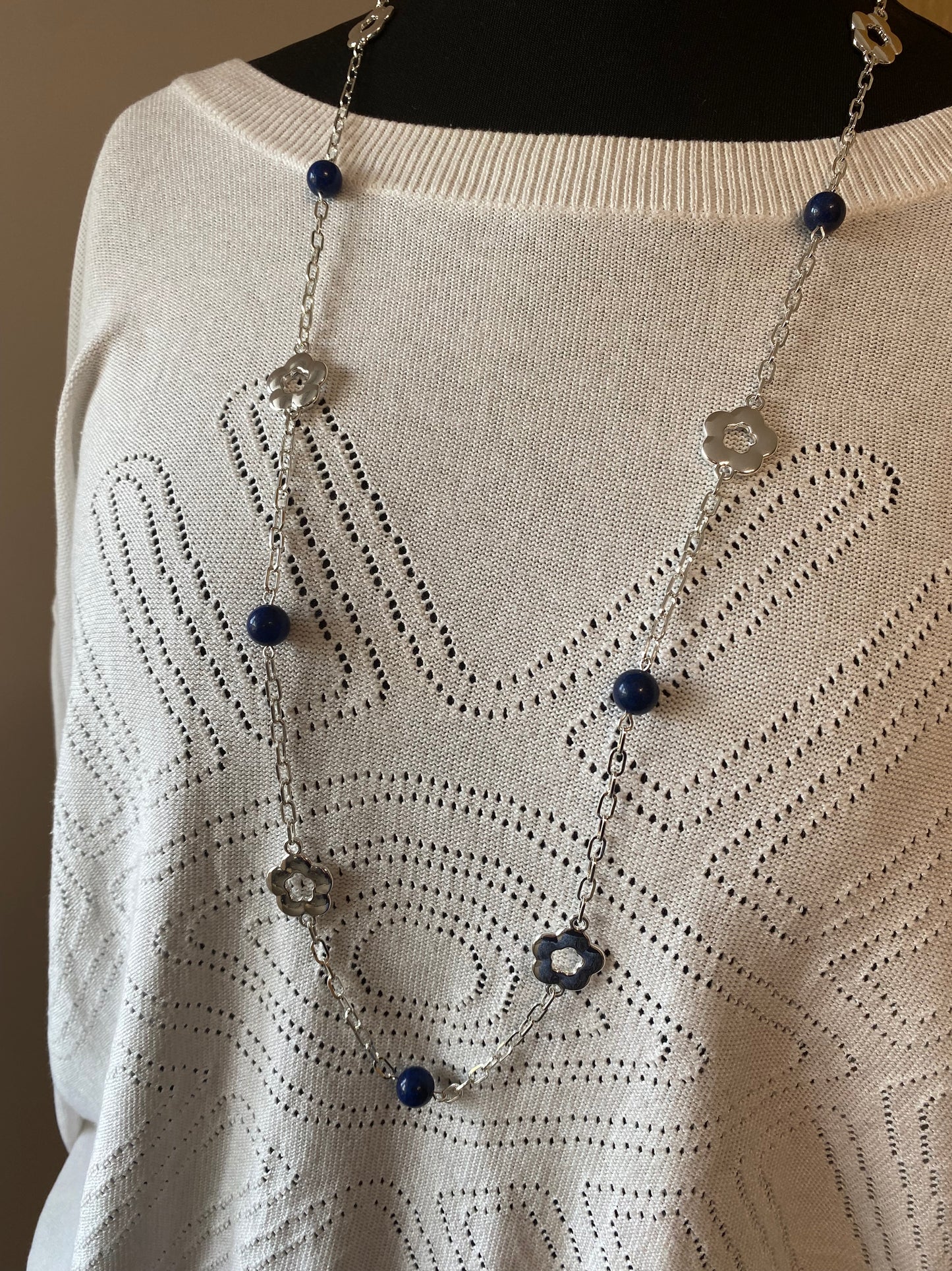 Long Silver Plated Necklace with Flower Motif and Lapis Stones