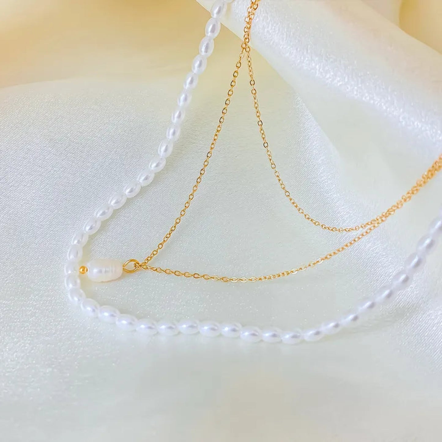 Triple Gold Plated Waterproof Necklace with Freshwater Pearls