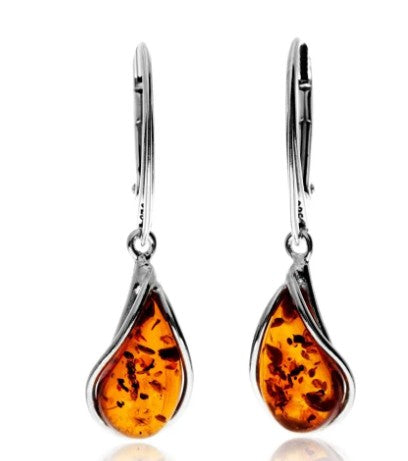 Modern Teardrop Drop Earrings in Sterling Silver and Cognac Baltic Amber