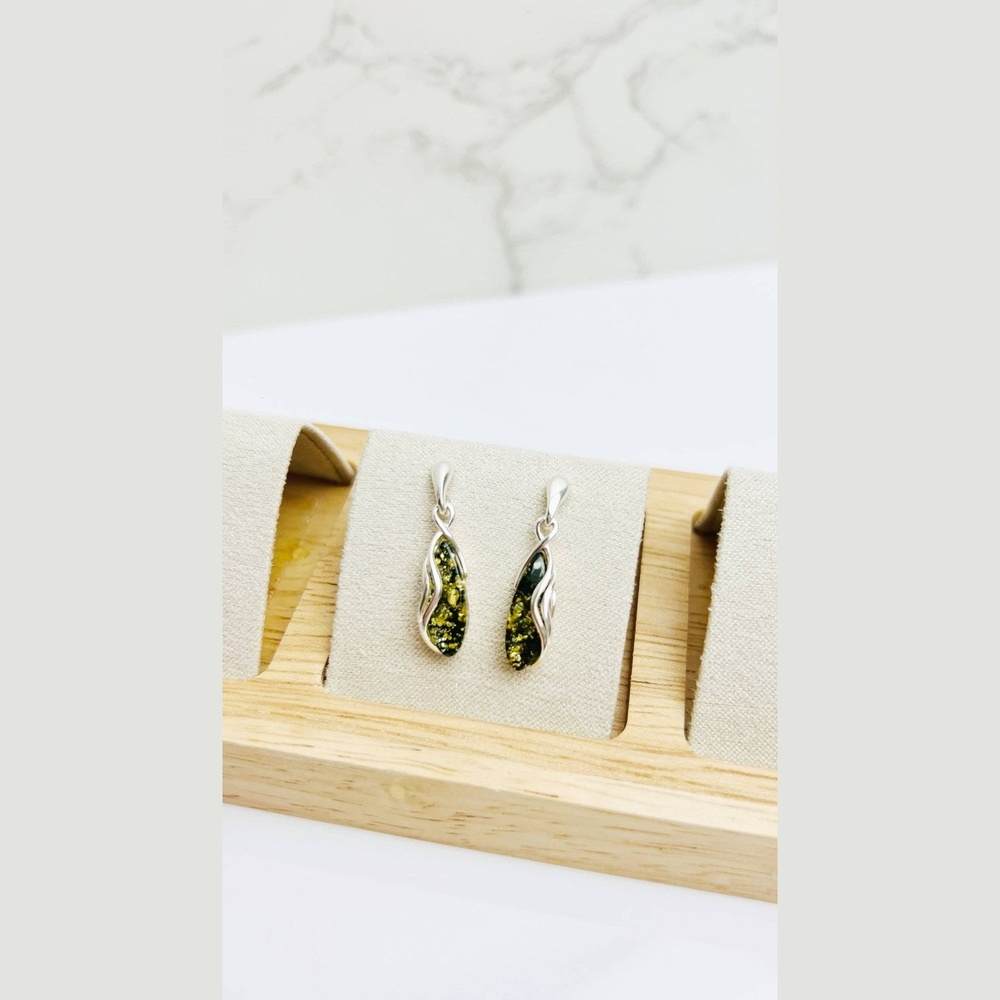 Drop Stud Earrings in Sterling Silver and Green Baltic Amber
