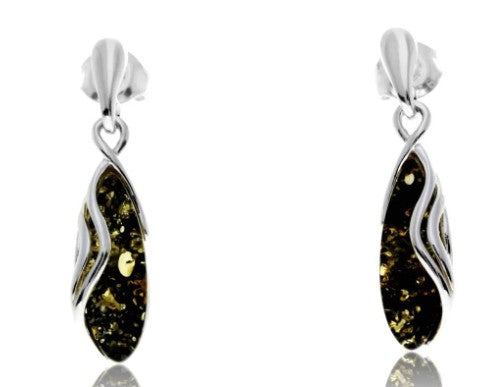 Drop Stud Earrings in Sterling Silver and Green Baltic Amber