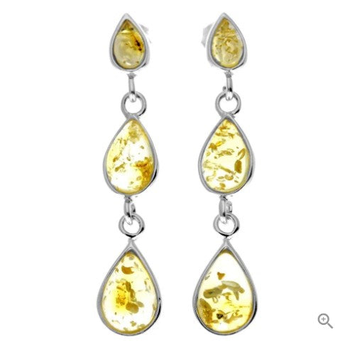 Drop Stud Earrings in Sterling Silver and Lemon Baltic Amber Teardrops