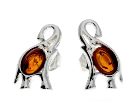 Elephant Stud Earrings in Sterling Silver with Cognac Baltic Amber