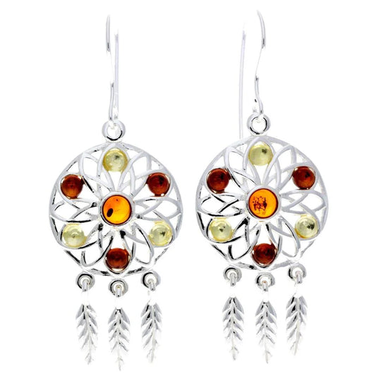 Dream Catcher Drop Earrings in Sterling Silver with Lemon and Cognac Baltic Amber