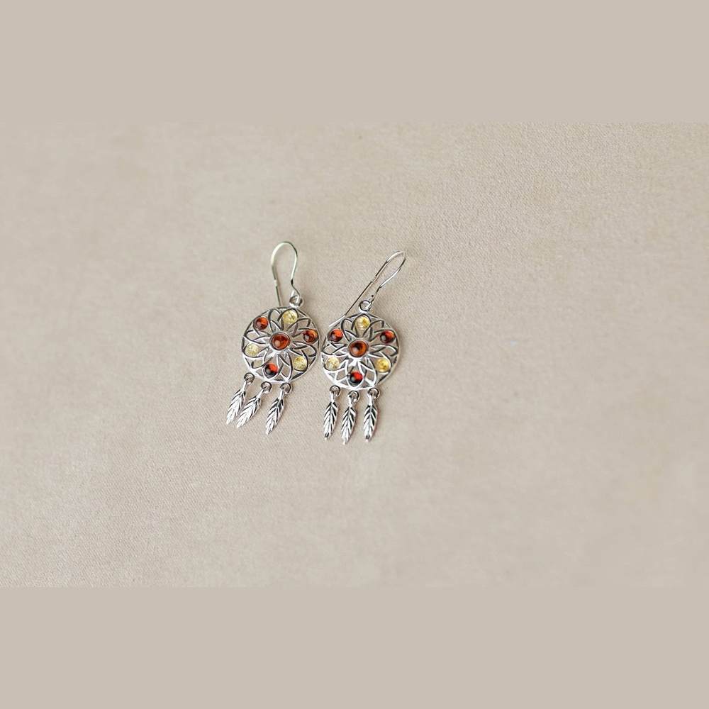 Dream Catcher Drop Earrings in Sterling Silver with Lemon and Cognac Baltic Amber