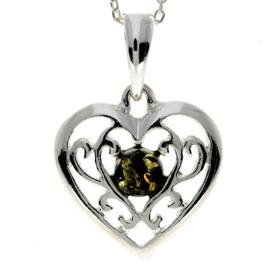 Celtic Heart Pendant in Sterling Silver with Green Baltic Amber