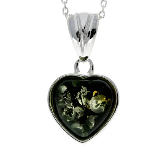 Classic Heart Pendant in Sterling Silver with Green Baltic Amber