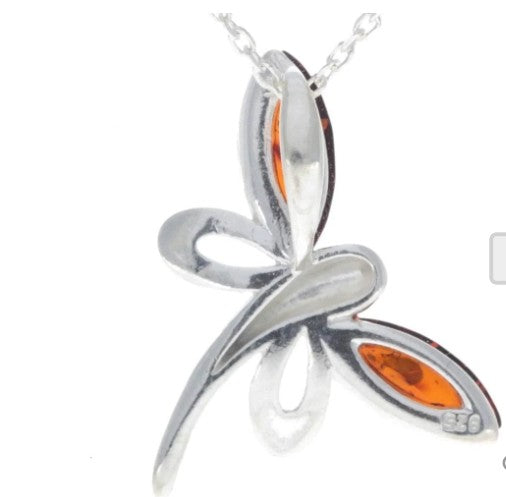 Butterfly Pendant in Sterling Silver with Cognac Baltic Amber Wings