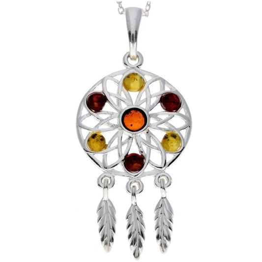 Dreamcatcher Pendant in Sterling Silver with Cognac and Lemon Baltic Amber Stones