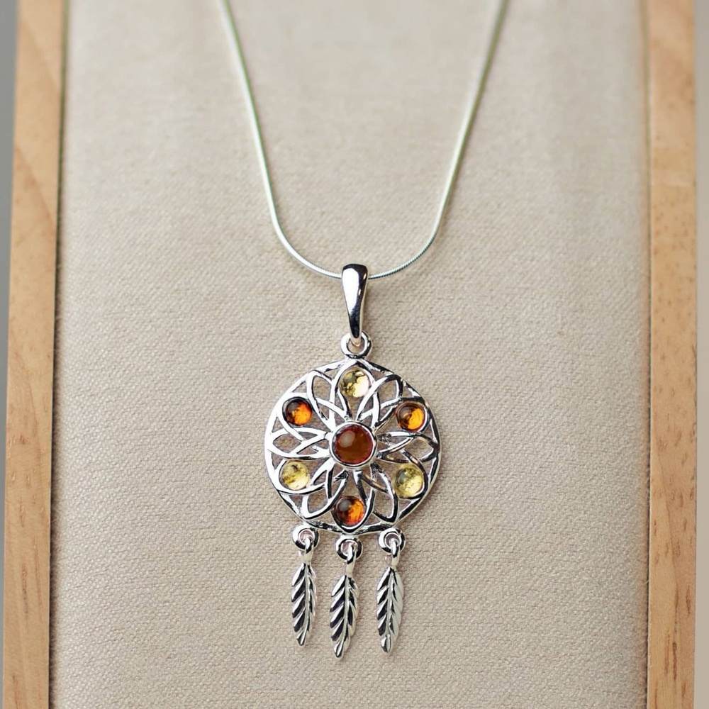 Dreamcatcher Pendant in Sterling Silver with Cognac and Lemon Baltic Amber Stones