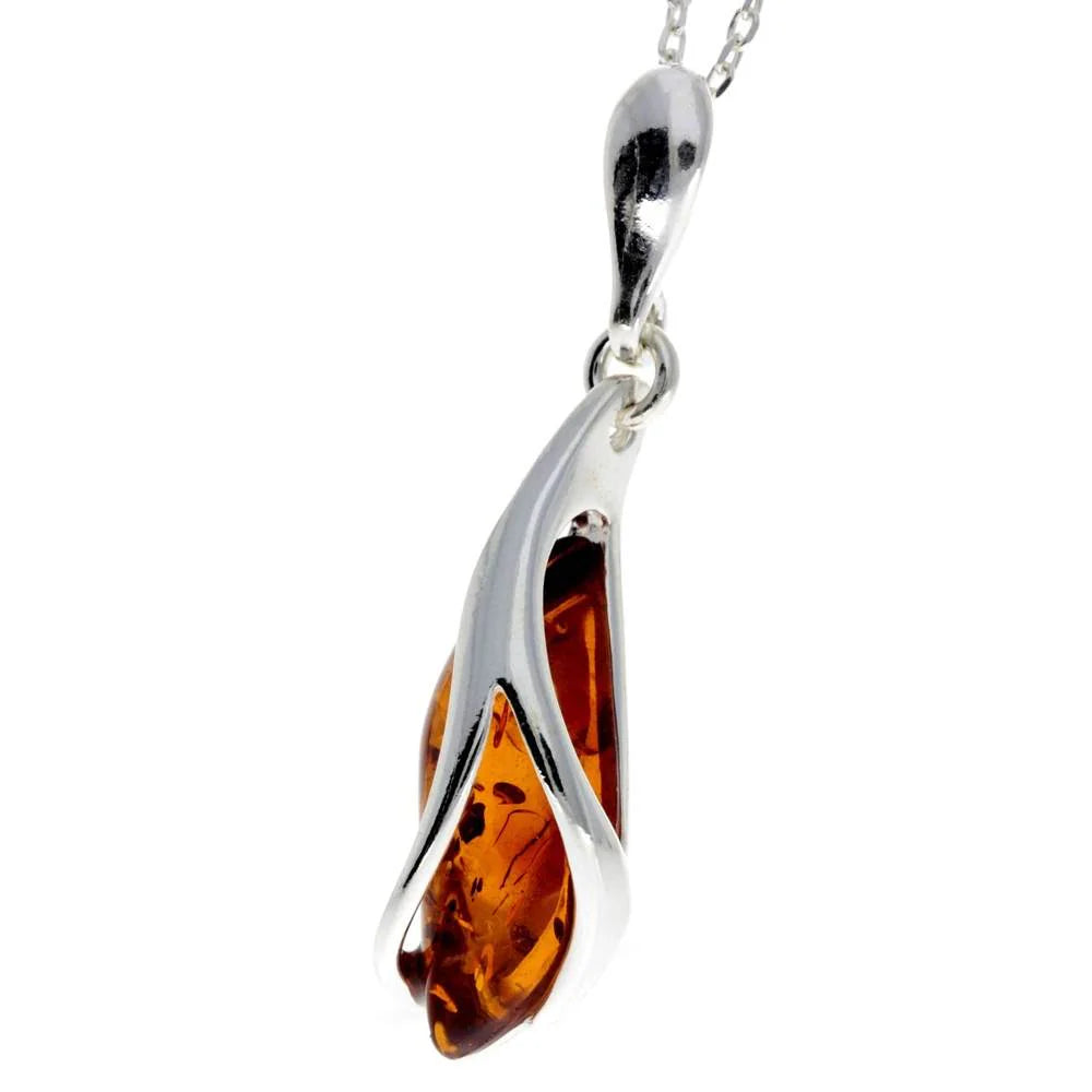 Modern Drop Pendant in Sterling Silver and Cognac Baltic Amber