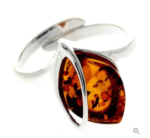 Modern Adjustable Ring in Sterling Silver and Cognac Baltic Amber