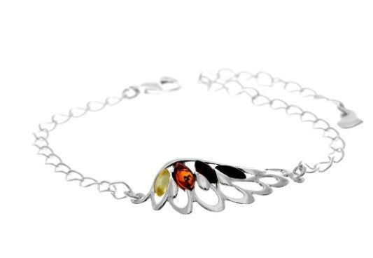 Angel Wing Bracelet in Sterling Silver with Mixed Baltic Amber