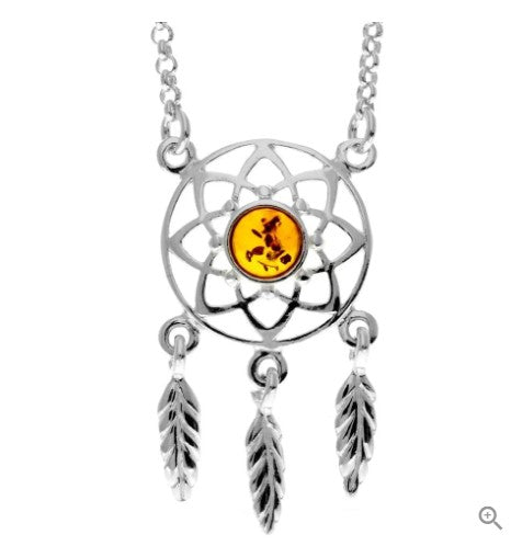 Sterling Silver Dreamcatcher Necklace with Cognac Baltic Amber