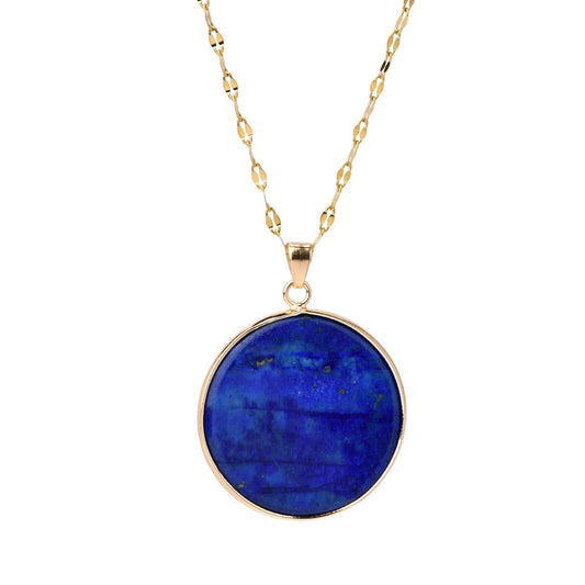 Gold Plated Short Neckace with Round Lapis Pendant