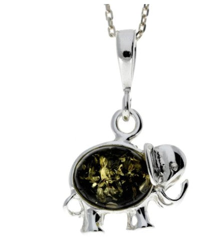 Lucky Elephant Pendant in Sterling Silver with Green Baltic Amber