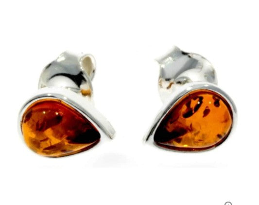 Pear Shaped Sterling Silver and Cognac Baltic Amber Studs