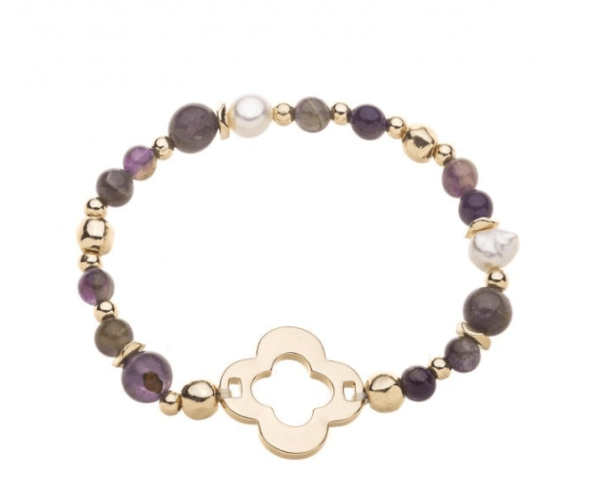 Amethyst and Pearl Gold Plated Stretch Flower Bracelet - Louise's Jewellery Box