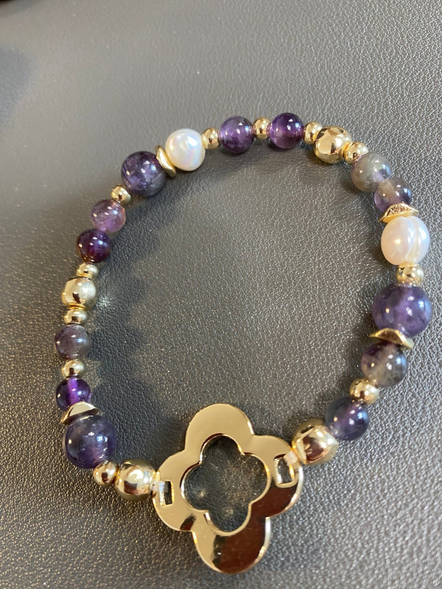 Amethyst and Pearl Gold Plated Stretch Flower Bracelet - Louise's Jewellery Box
