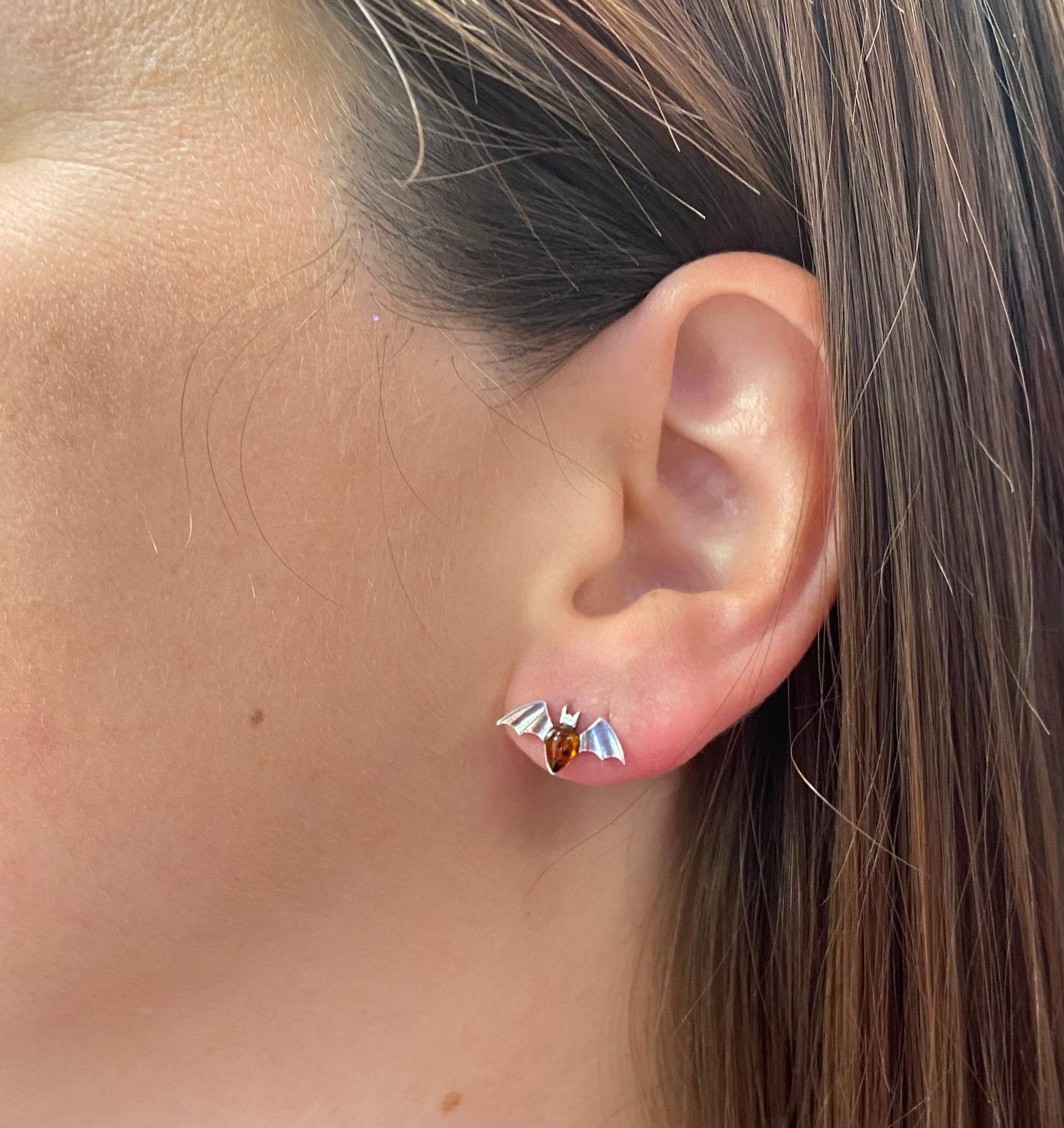 Bat Stud Earrings in Sterling Silver with Cognac Baltic Amber - Louise's Jewellery Box