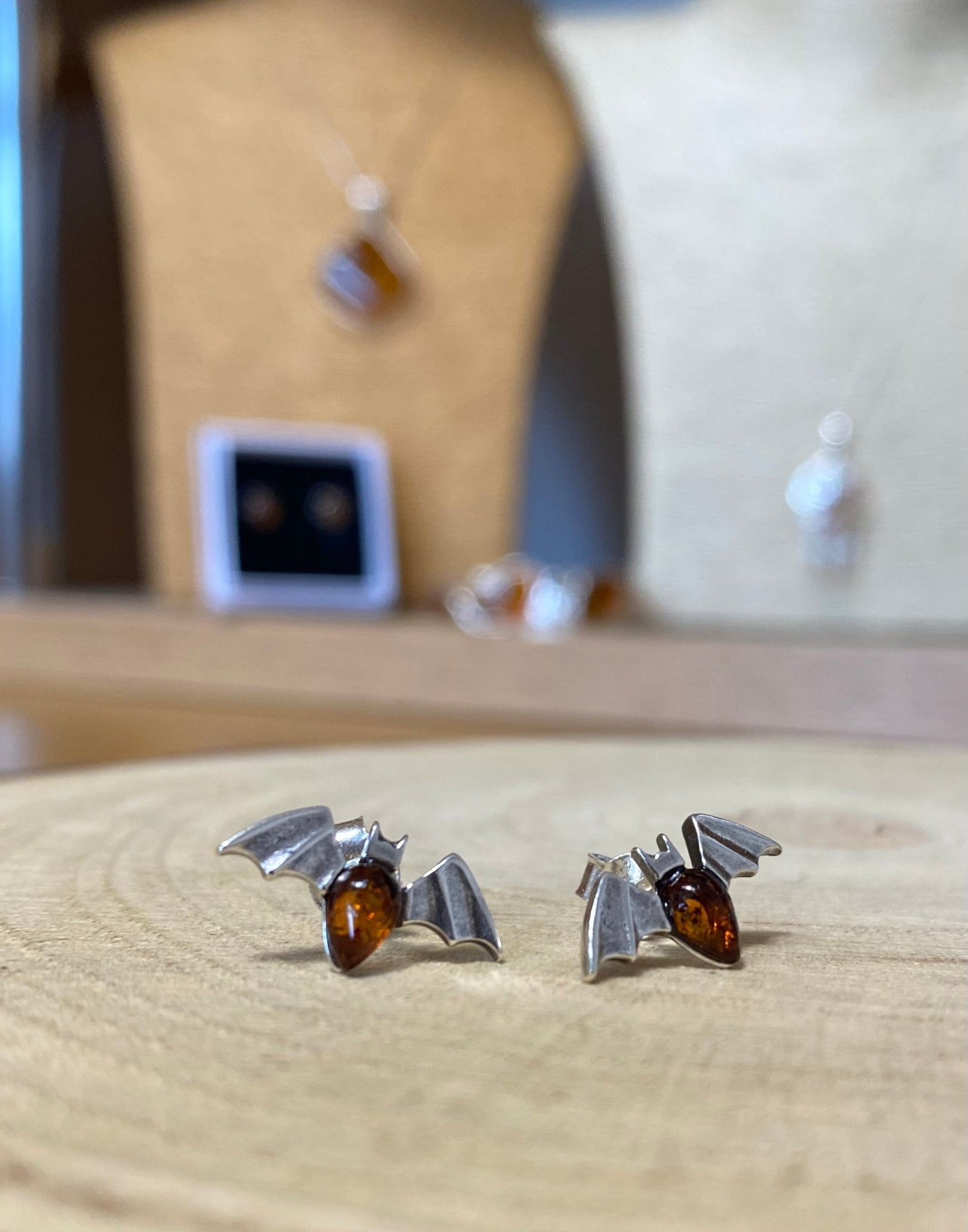 Bat Stud Earrings in Sterling Silver with Cognac Baltic Amber - Louise's Jewellery Box