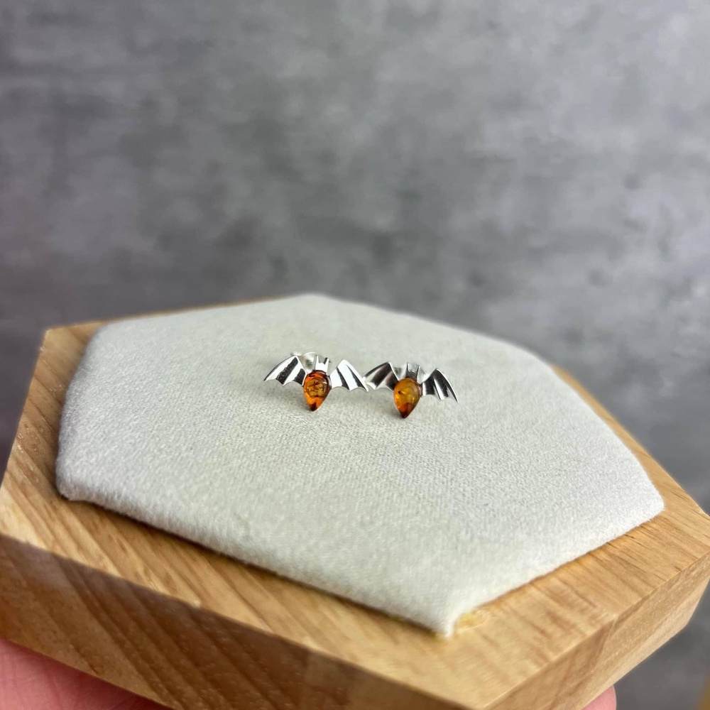 Bat Stud Earrings in Sterling Silver with Cognac Baltic Amber - Louise's Jewellery Box