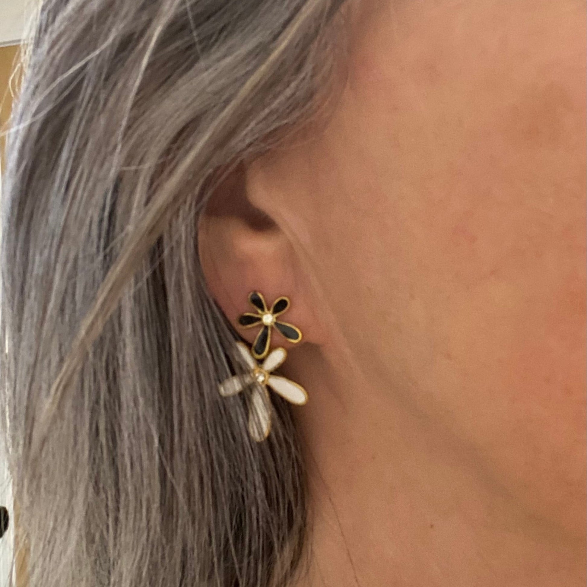 Black and White Flower Waterproof Earrings with Crystals - Louise's Jewellery Box