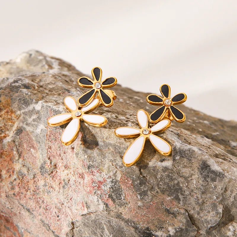 Black and White Flower Waterproof Earrings with Crystals - Louise's Jewellery Box