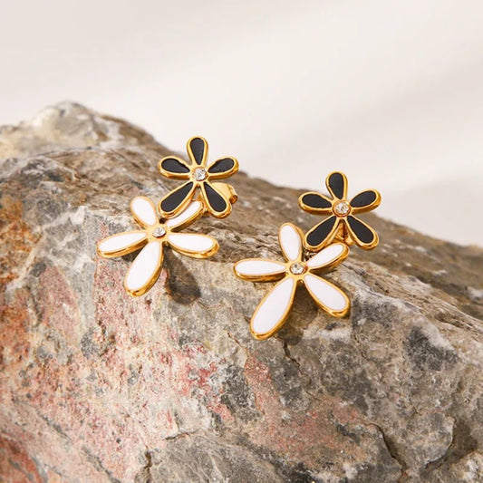 Black and White Flower Waterproof Earrings with Crystals - Louise's Jewellery Box