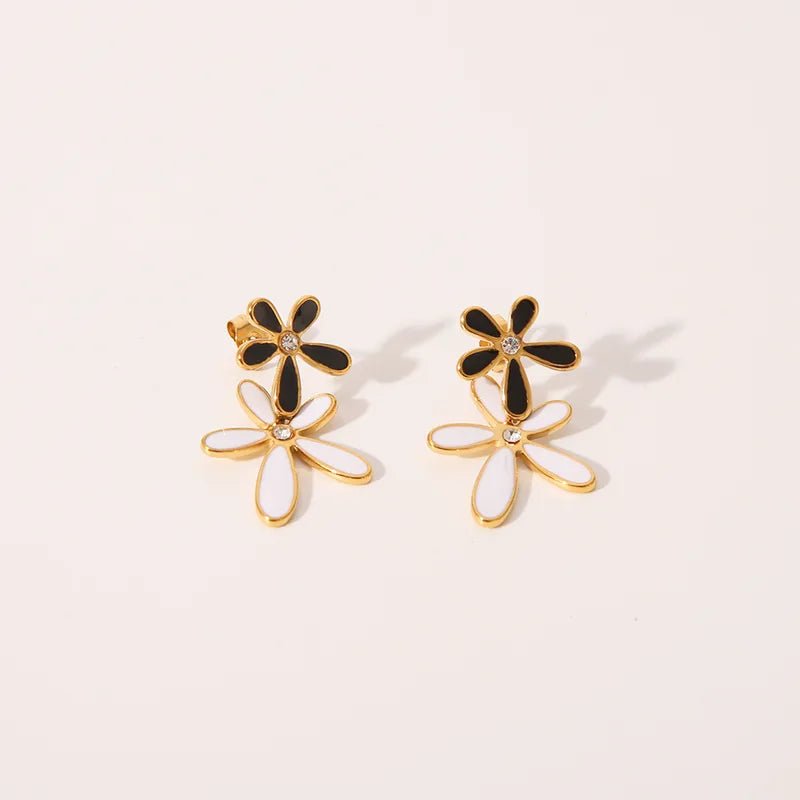 Black and White Flower Waterproof Earrings with Crystals - Louise's Jewellery Box