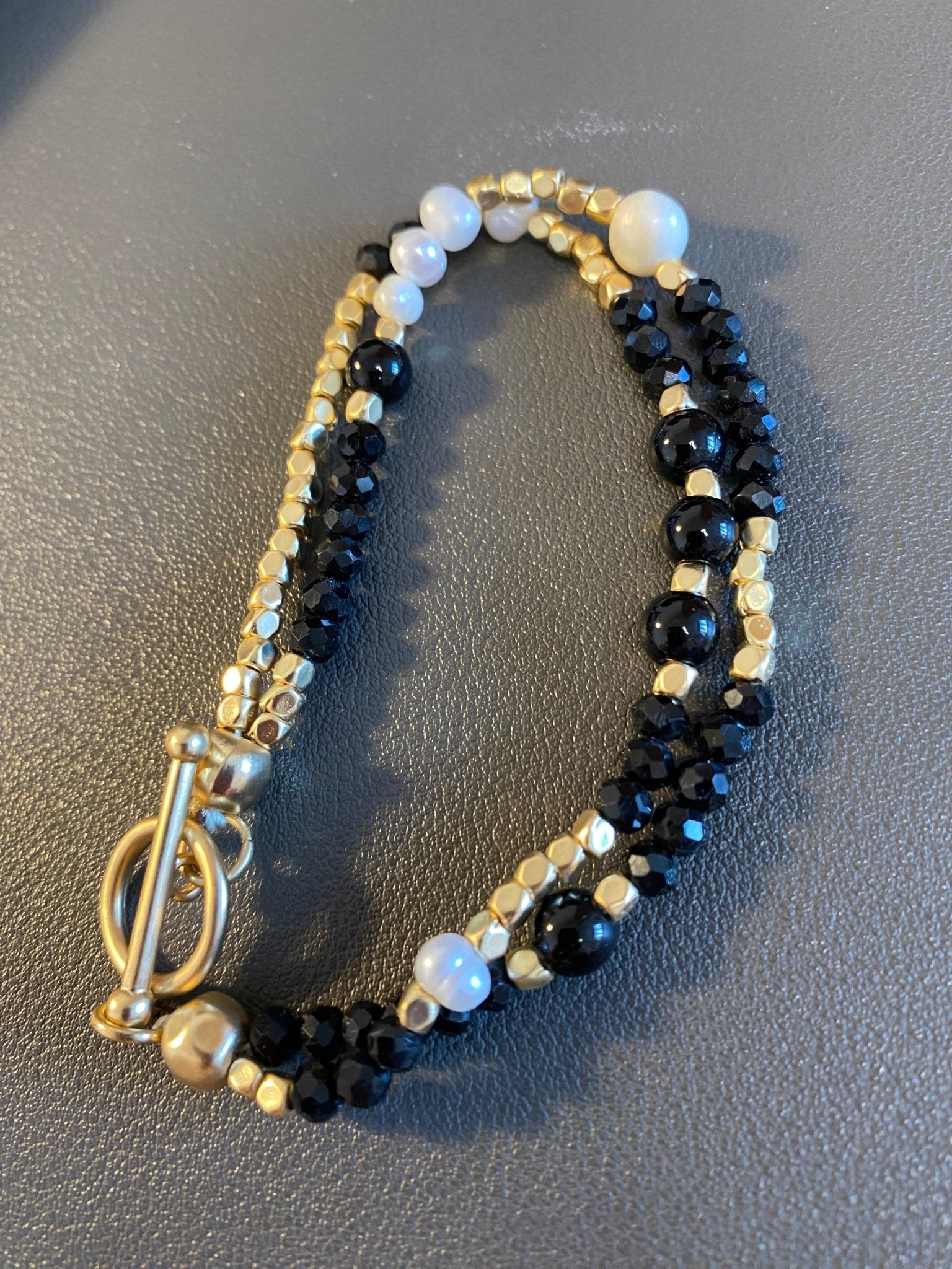 Black Onyx and Pearl Double Bracelet with T - Bar Fastening - Louise's Jewellery Box