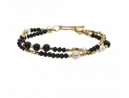 Black Onyx and Pearl Double Bracelet with T - Bar Fastening - Louise's Jewellery Box