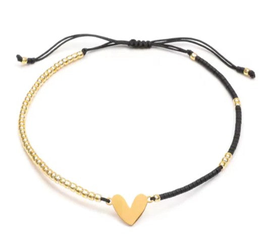Black Waterproof Friendship Bracelet with Gold Heart