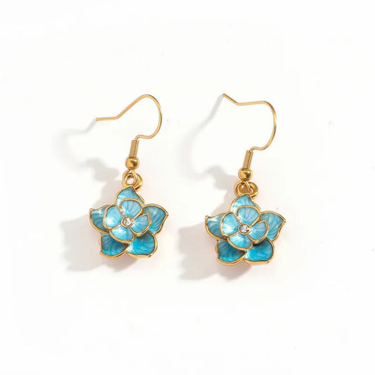 Blue Flower Waterproof Drop Earrings in Gold PLate - Louise's Jewellery Box